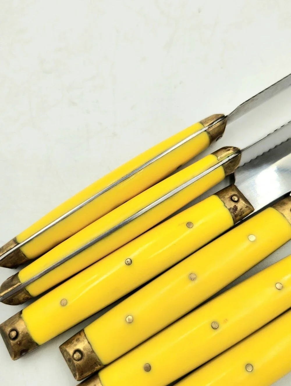 Vintage MCM Takahashi Steak Knife Set Of 6 Yellow Brass Stainless Steel Japan